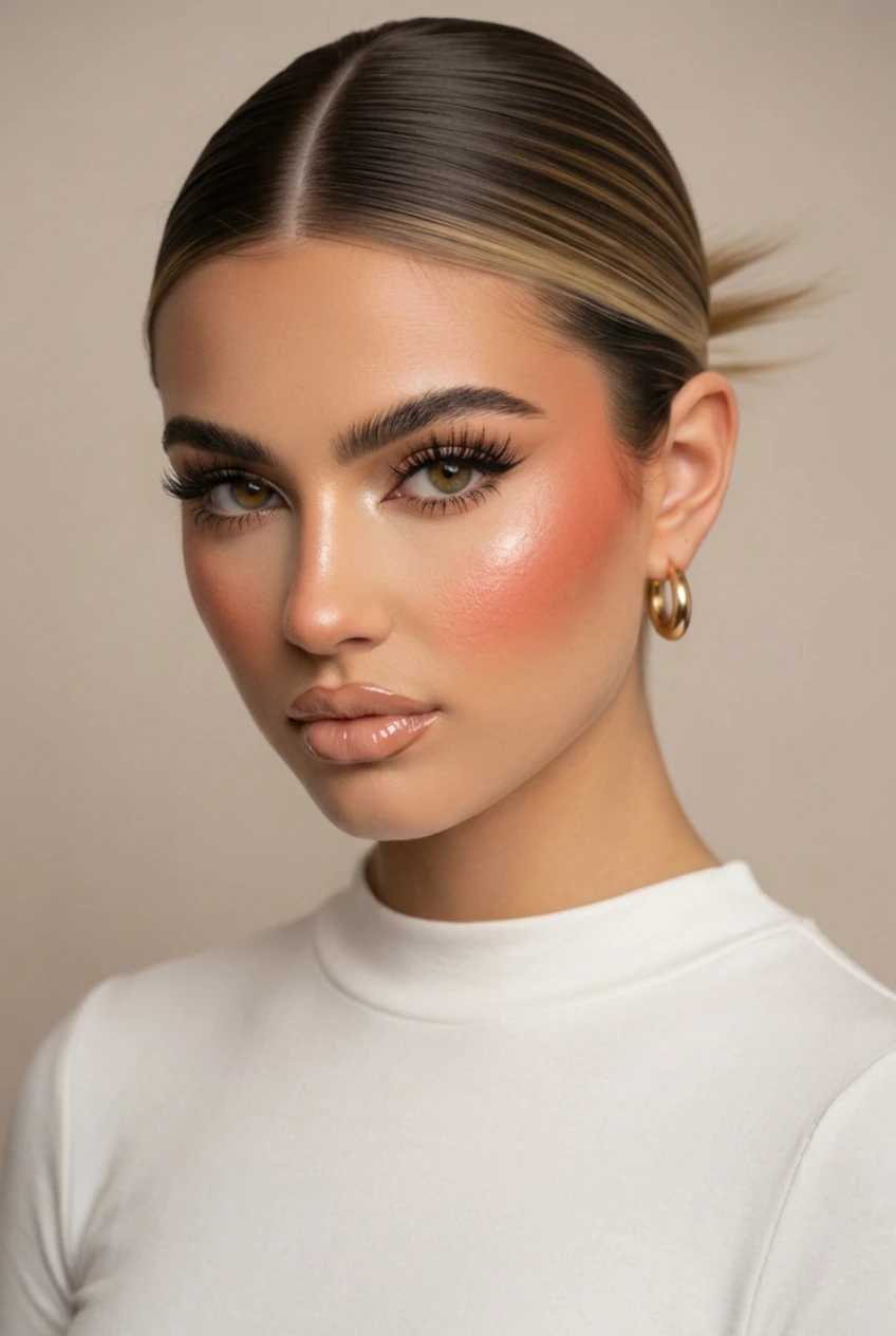 The glowing skin with heavy blush, thick eyelashes, and nude, glossy lips.