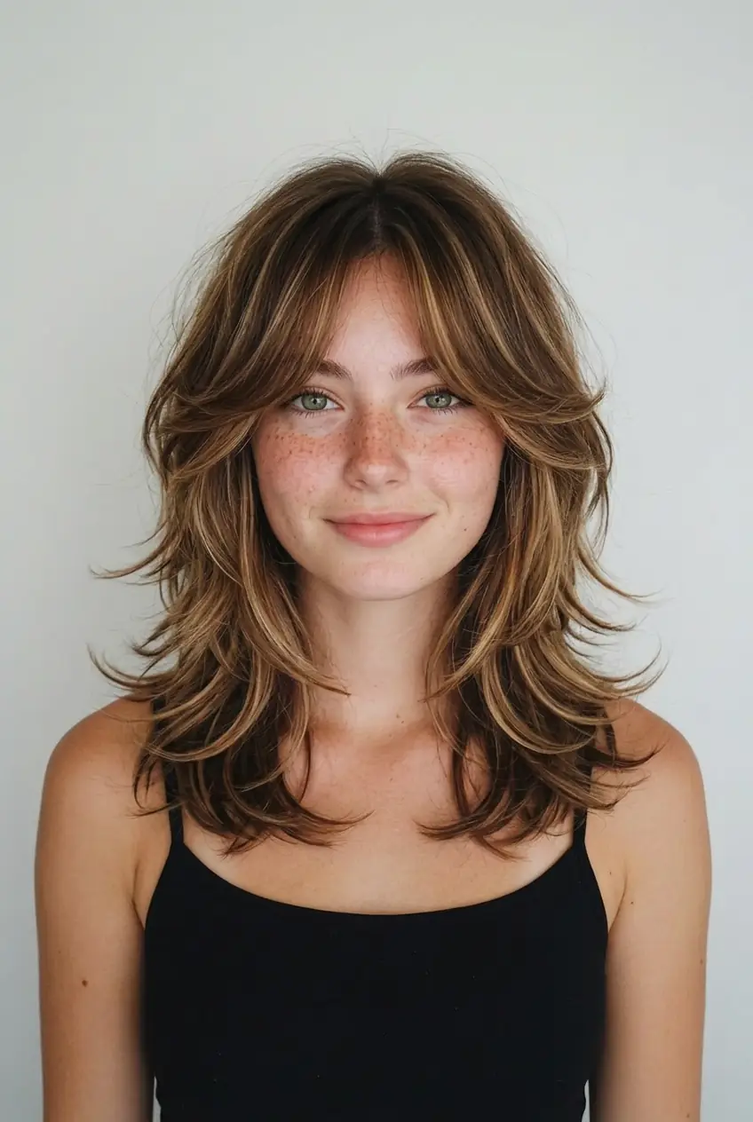 Layered butterfly cut hairstyle on young woman, example for online AI hairstyle changer