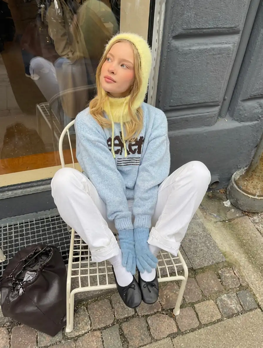 User wearing a pastel blue sweater and yellow knit hat, styled with undertone-matched colors from AI color analysis.