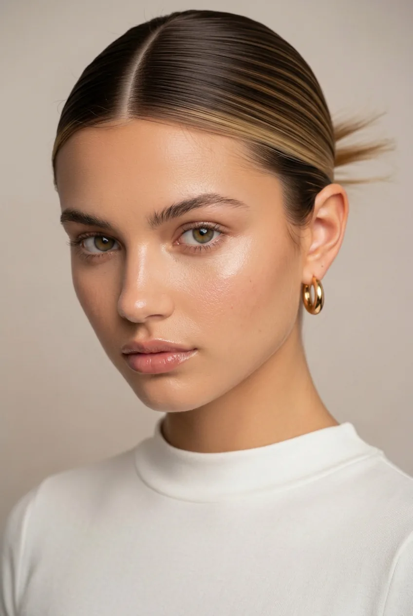 Fresh, bare-skin makeup with a soft glow and clean, elegant finish for a minimalist clean girl look.