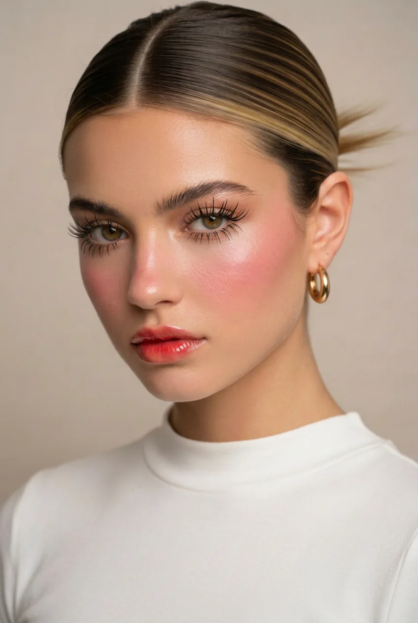Soft warm-toned eyes with light brown shadow, defined liner, rosy blush, and muted rose lip for a clean, elegant finish