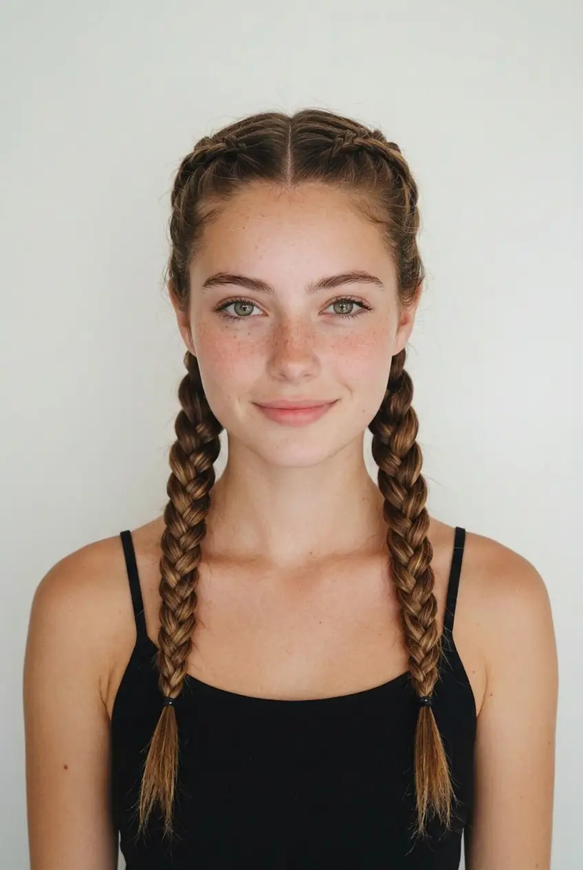 Classic French braids on a young woman: an example for the best free AI hairstyle generator