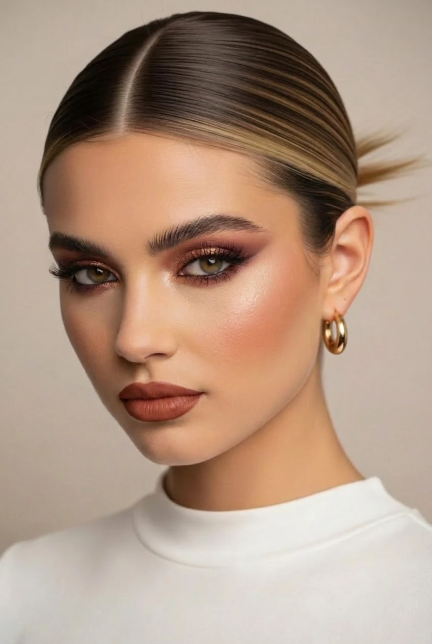 Intense eye makeup with glitter accents, rich lip tones, and full sculpted features for show-stopping glamour.