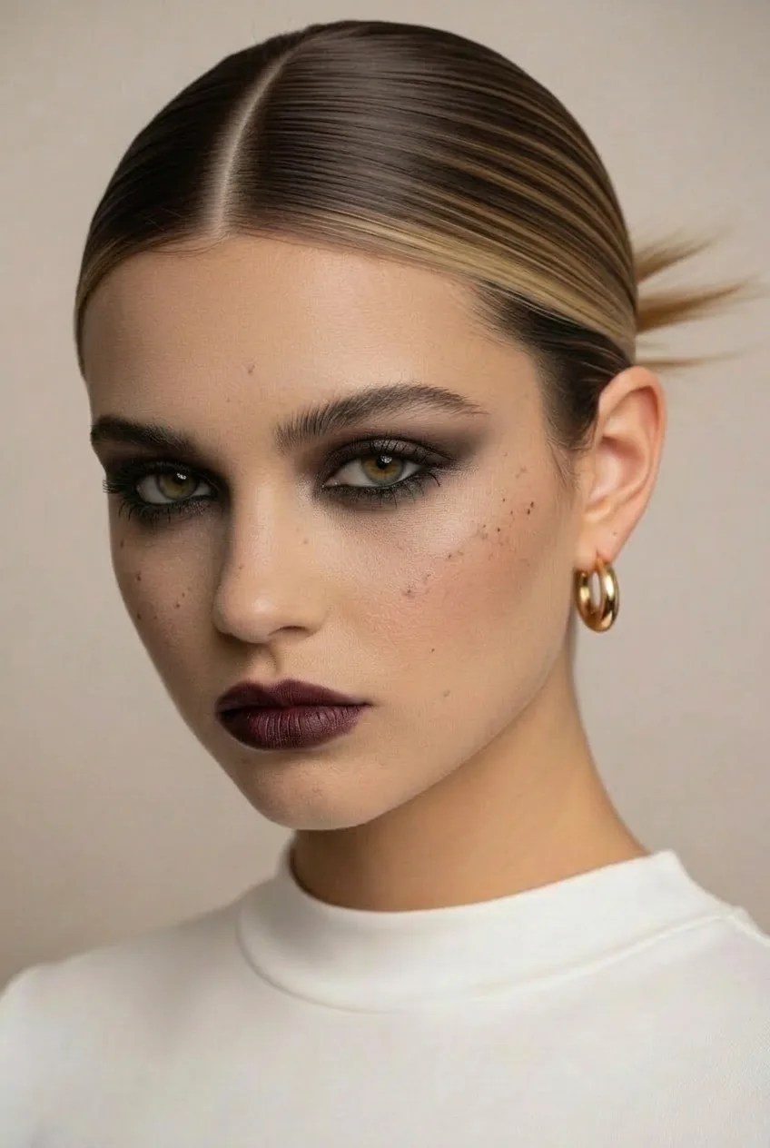Matte textured finish, dark smoky eyes, and edgy tones for a raw, effortless grunge beauty style.