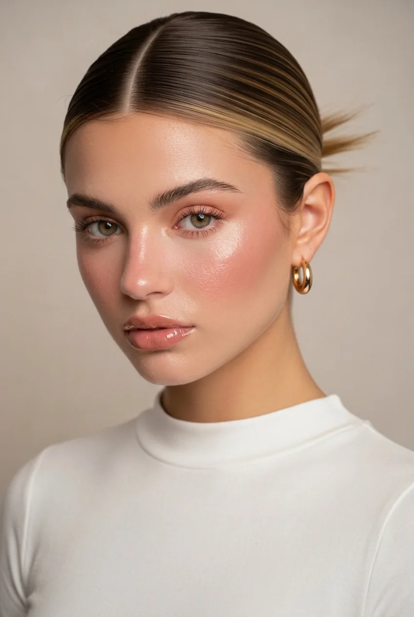 Soft warm makeup with light brown eyeshadow, peach blush, luminous skin, and nude pink lips for a clean, natural finish.
