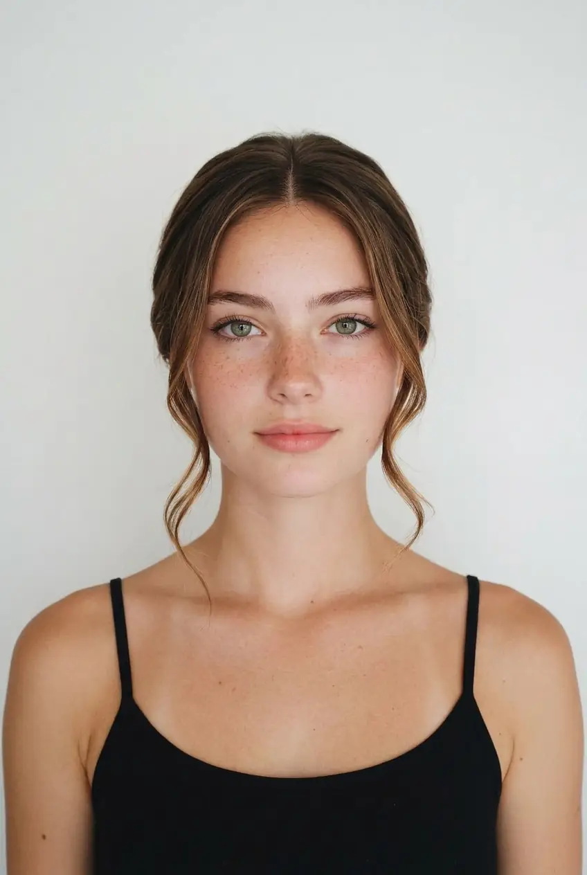 Elegant low bun hairstyle on a young woman, sample for online AI hairstyle changer