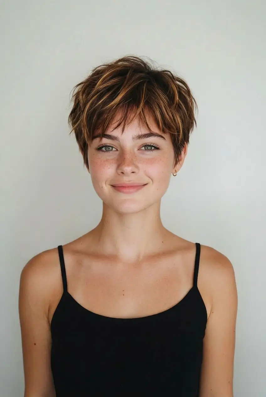 Chic pixie cut hairstyle on young woman, sample for AI hairstyle changer free app
