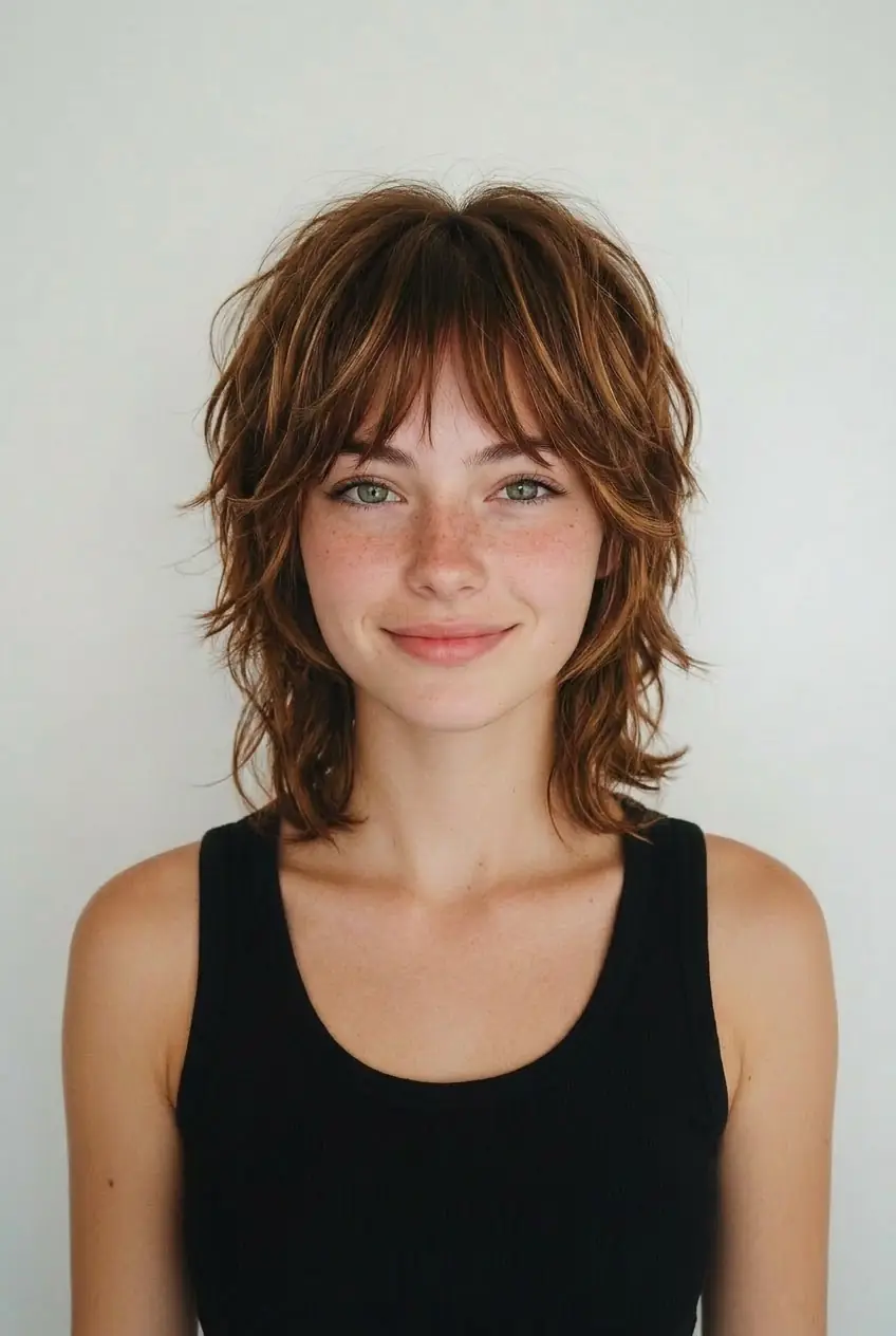 Textured shag haircut on a young woman, an example of a free AI hairstyle for females