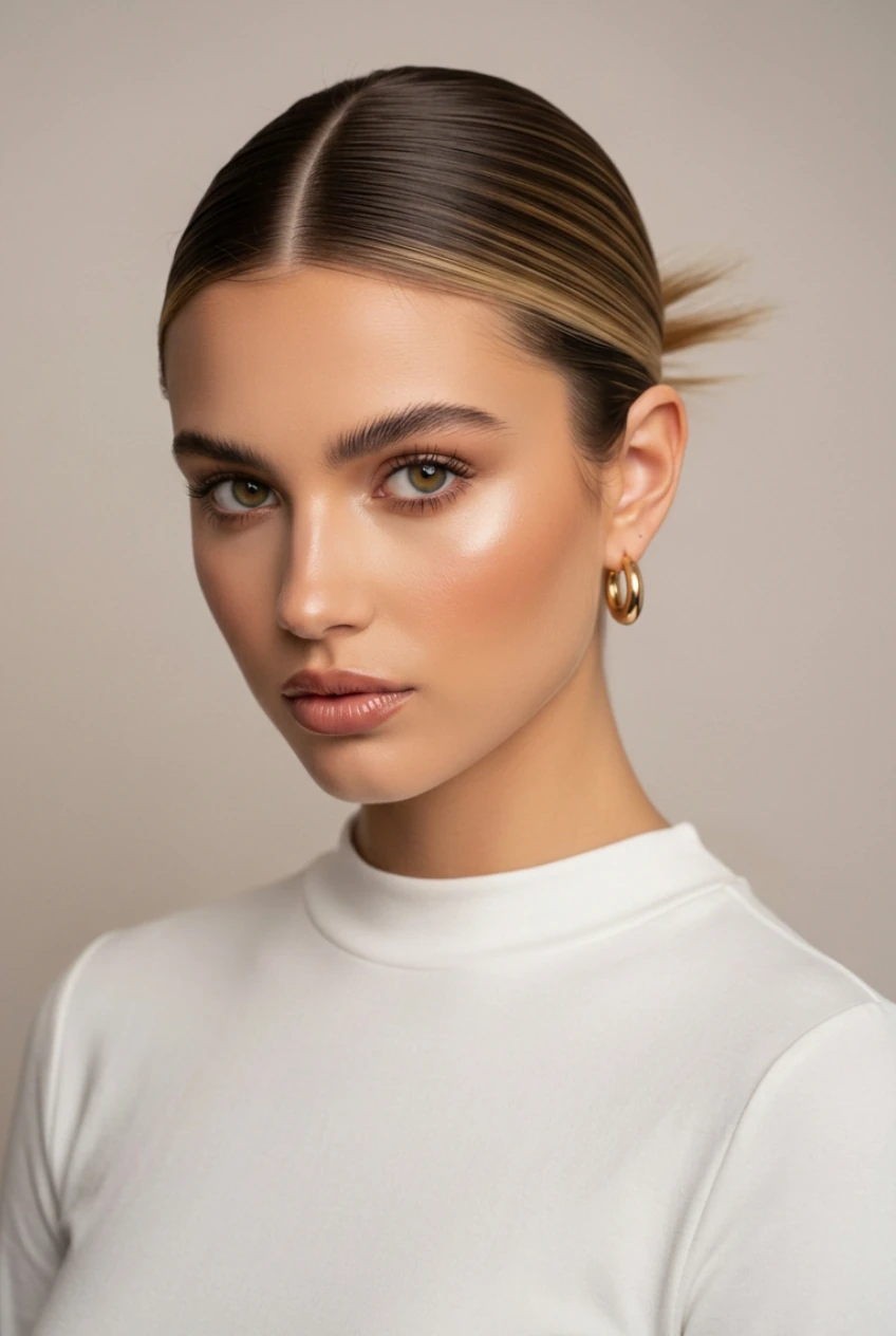 The dewy skin with feathered brows, subtle bronzer, and a natural satin lip finish.