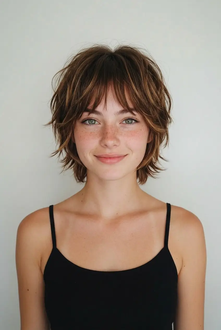 Textured wolf cut hairstyle on a young woman, example for free AI hairstyles
