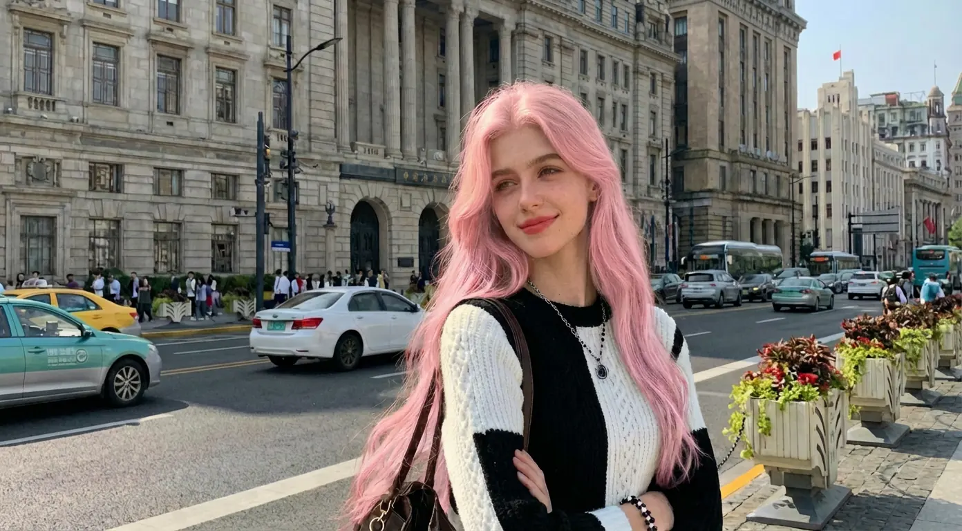 AI hair color changer result showing the same woman with pastel pink hair transformation.