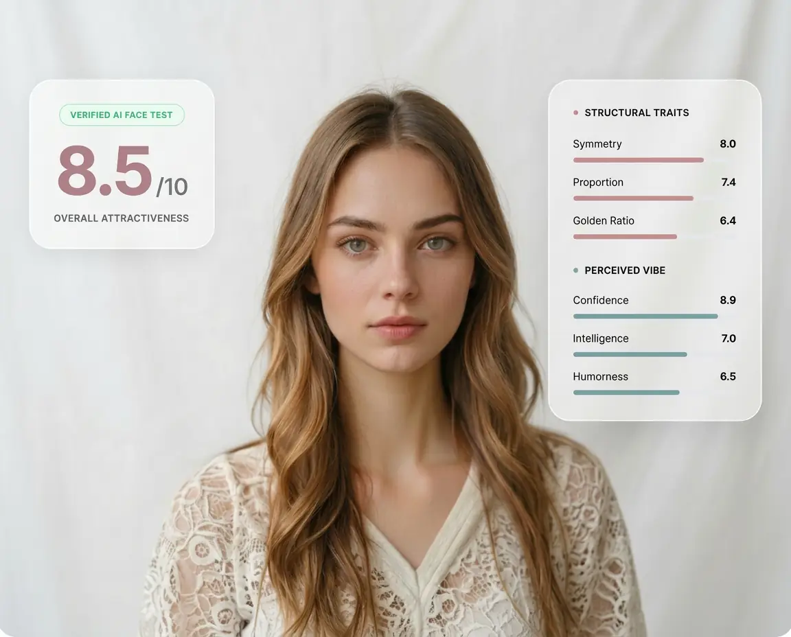 Toolbar display image showcasing AI attractiveness test interface with 8.5/10 overall score and detailed facial trait analysis