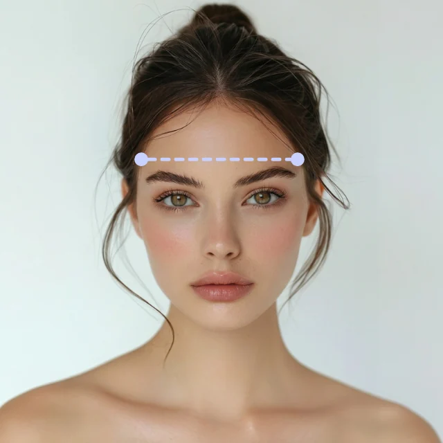 Illustration of forehead width measurement for AI face shape detector, showing temple-to-temple hairline distance.