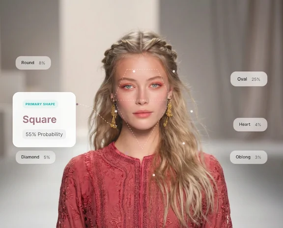 AI face shape detector analysis result showing square primary shape with probability percentages for different face types.