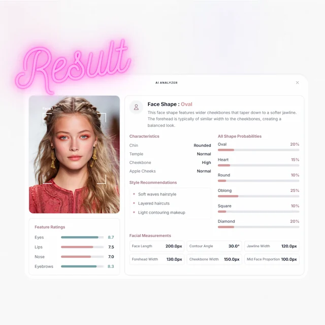 AI face shape detector results page showing oval face shape analysis, style recommendations, and facial measurements.
