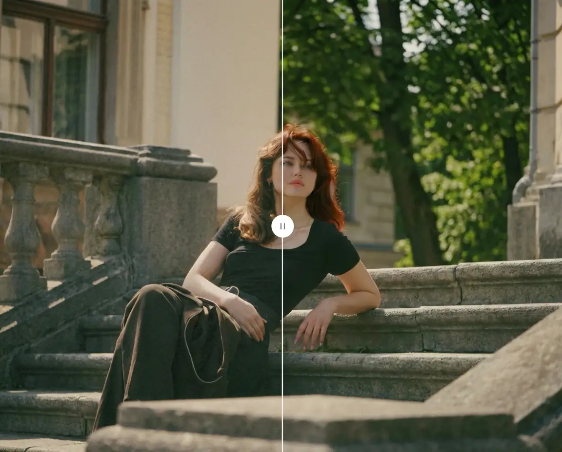 Before and after split screen of a woman sitting on steps, showing her hair transformed from dark brown to burnt sienna using the AI hair color changer.
