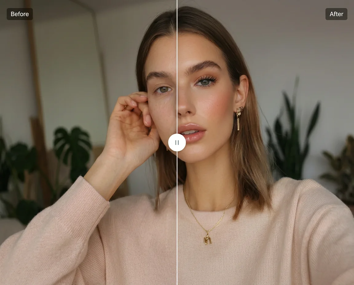 AI Makeup Generator tool schematic, before and after makeup comparison visualization.