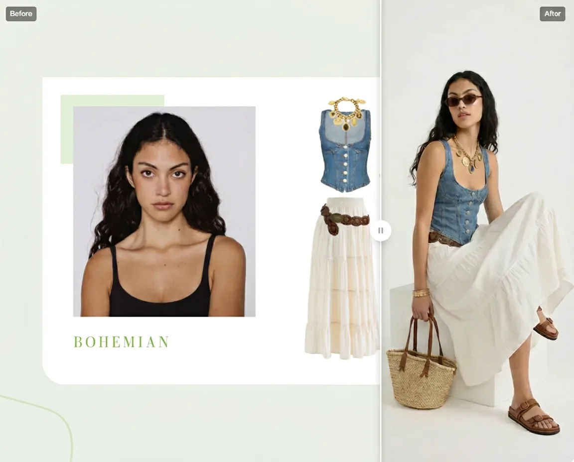 Before-and-after preview: Latina model transformed into bohemian style with denim corset and maxi skirt, showcasing virtual try-on results using AI outfit generator.