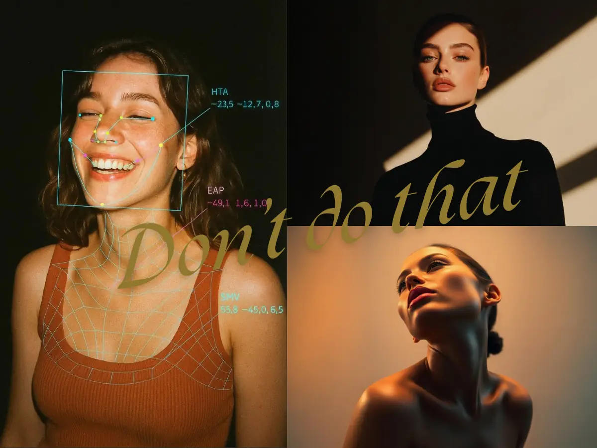 Collage of woman with geometric facial mapping for AI attractiveness test, featuring tips on lighting, direct angles, and dynamic beauty limitations for best AI attractive test online results