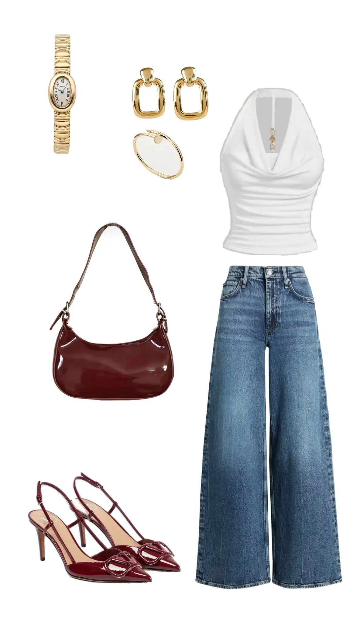 Baddie outfit with a white halter top, wide-leg jeans, red heels, and a bag, provided by the best AI outfit generator.