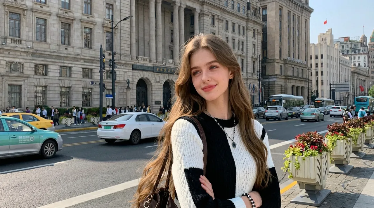 Original photo of a woman with long brown hair on a city street before using AI hair color changer.
