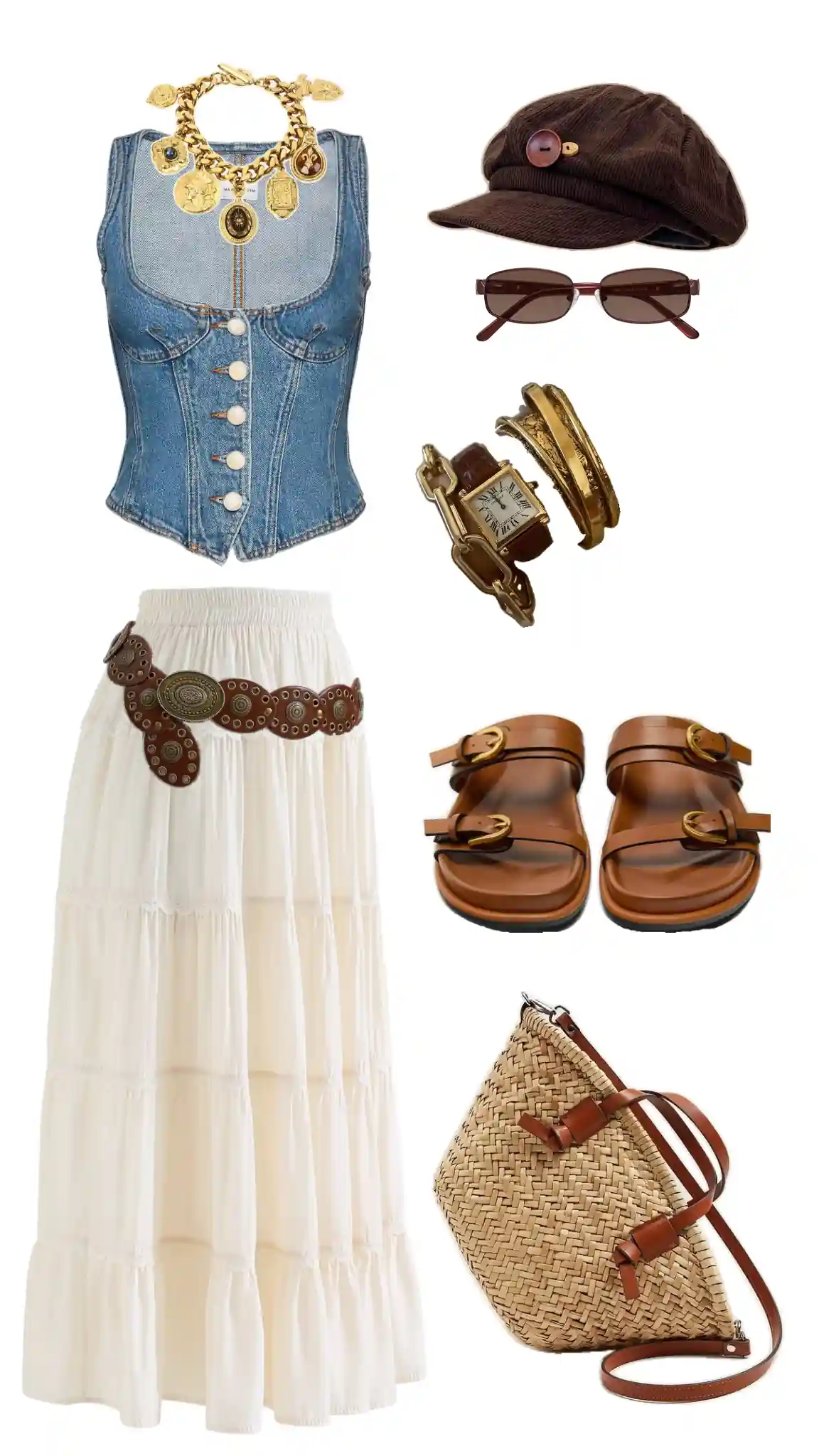 Bohemian style outfit with denim corset top, white tiered maxi skirt, brown leather sandals, woven crossbody bag, and vintage gold accessories, curated for virtual try-on with the AI outfit generator with my clothes