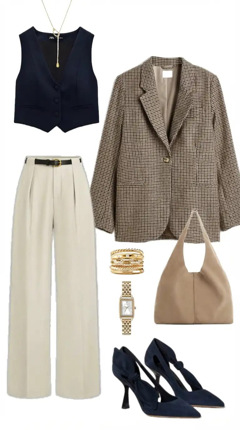 Business casual outfit with a checkered blazer, vest, beige trousers, and heels, provided by the AI outfit organizer.