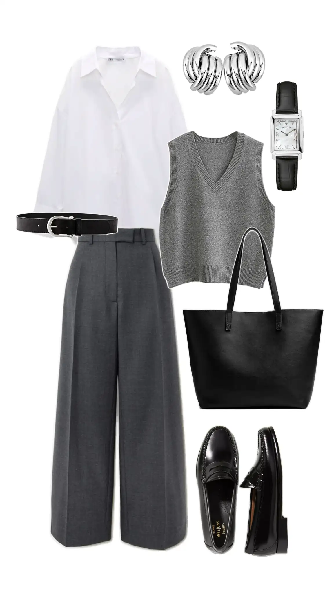 Clean fit minimalist outfit with oversized white shirt, gray knit vest, high-waisted gray wide-leg trousers, black loafers, and leather tote bag, ideal for virtual styling with the best AI outfit generator free