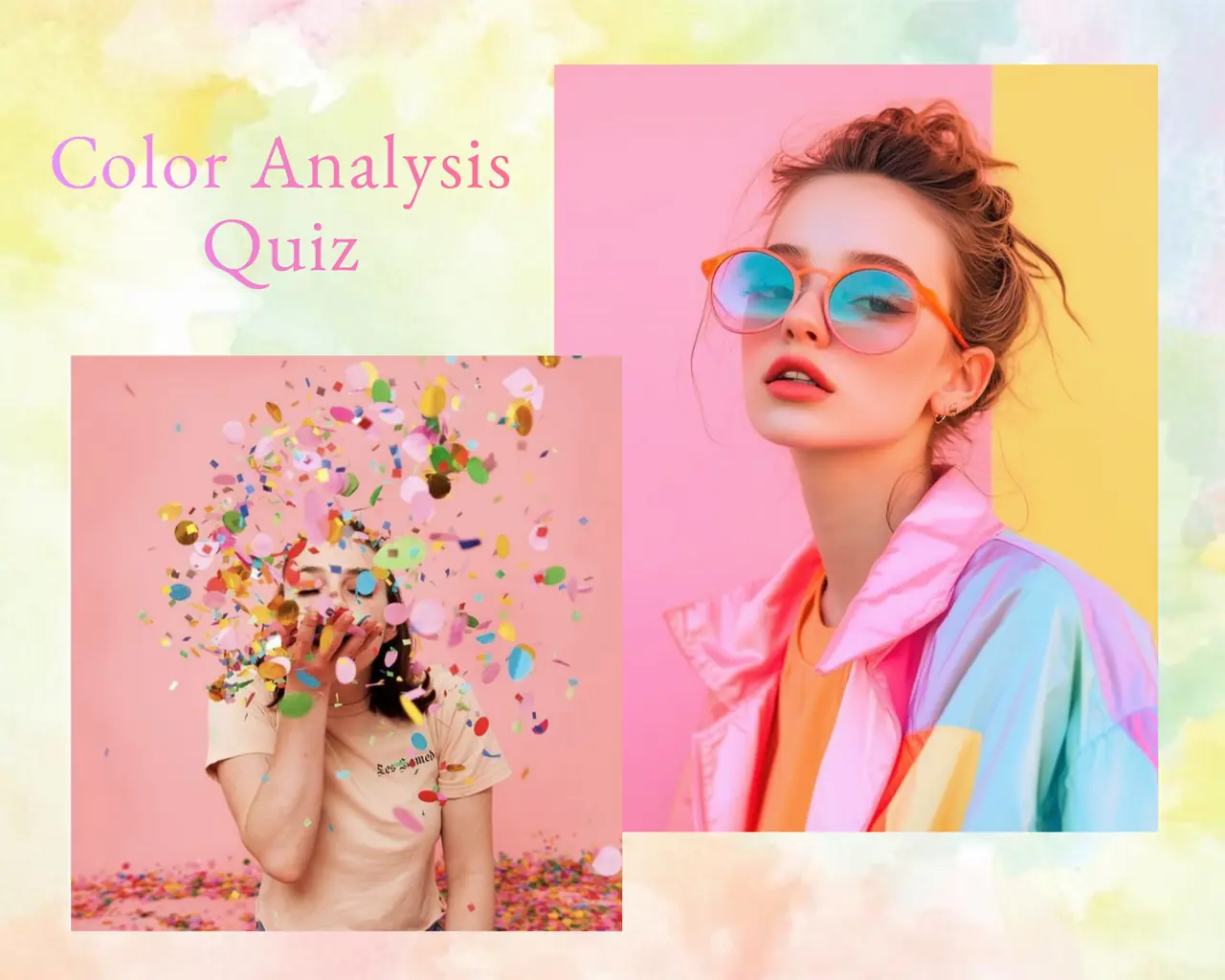 Vibrant collage graphic for a Personal Color Analysis Quiz featuring a woman in colorful pink and blue attire wearing tinted sunglasses.