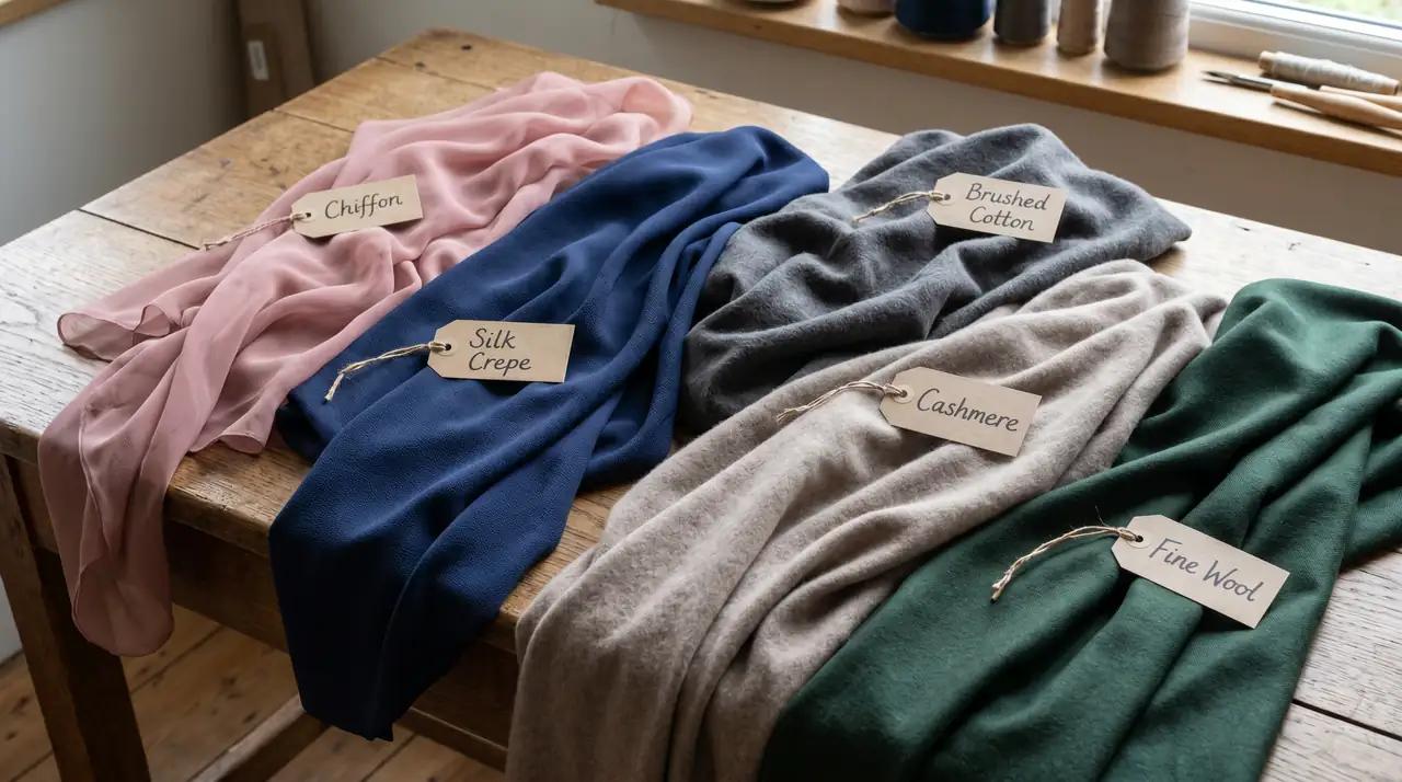 Soft drape fabrics in cool summer color palette hues: chiffon, silk crepe, cashmere, and fine wool for elegant clothing