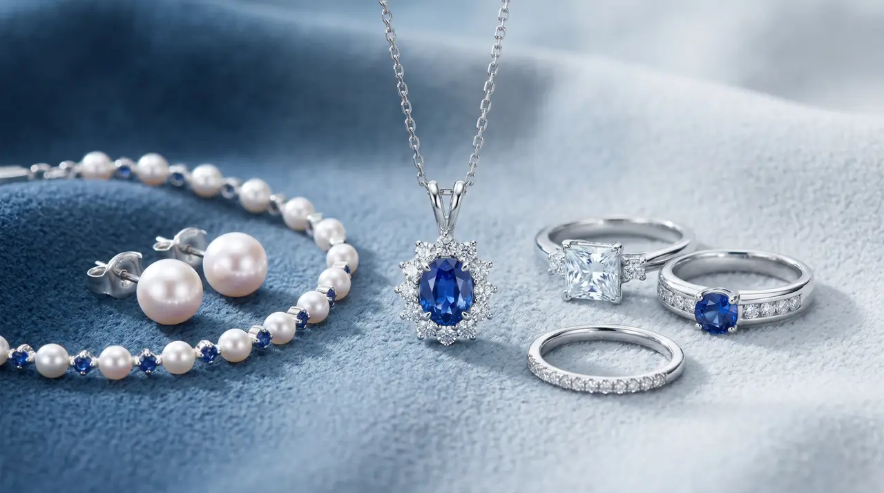 Silver and white gold jewelry with blue sapphires and pearls, ideal for complementing a cool summer color palette