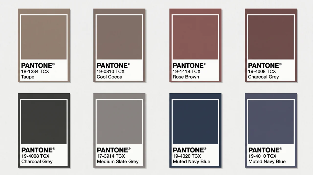 Cool summer color palette brown and neutral swatches: taupe, cool cocoa, charcoal grey, and muted navy