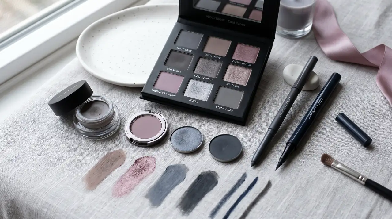Cool-toned eyeshadow and eyeliner set, showcasing cool summer makeup with slate grey, taupe, and deep navy hues