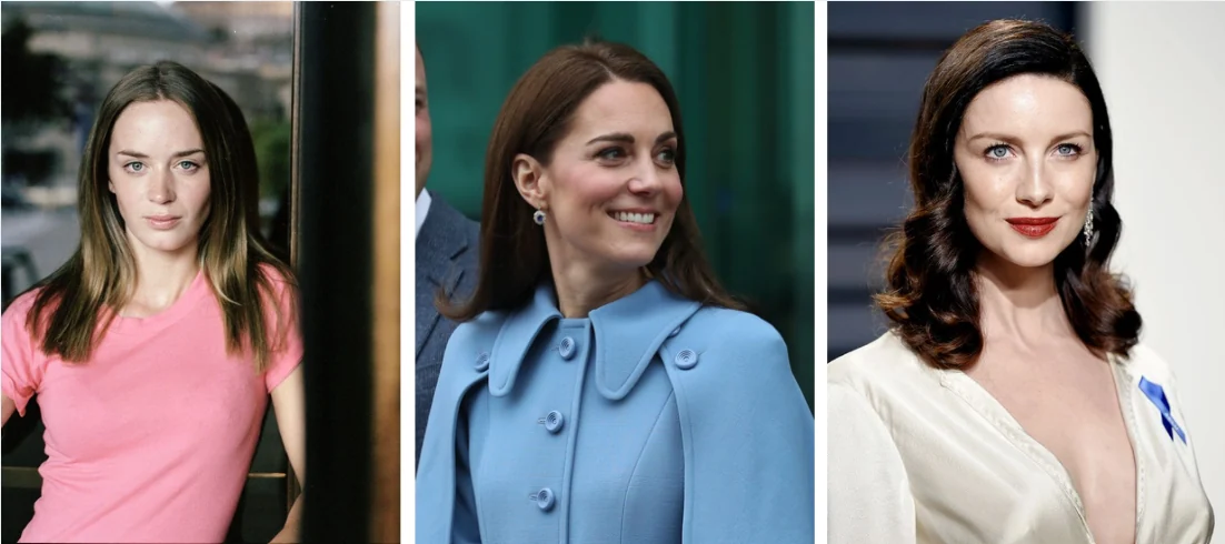 Three-panel collage of cool summer color palette celebrities: Emily Blunt, Kate Middleton, and Caitríona Balfe