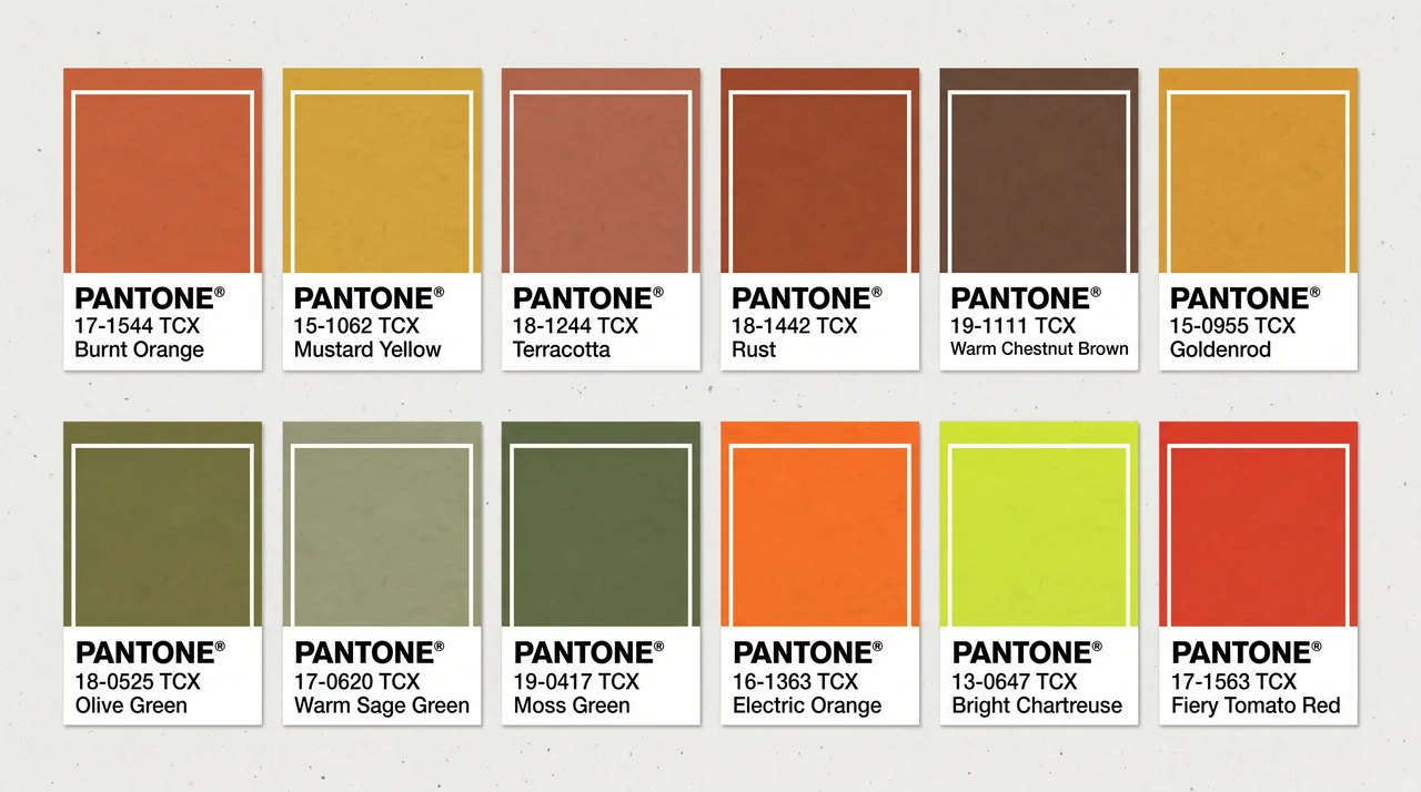 Pantone swatch collection of warm hues to avoid for a cool summer color palette, including burnt orange and mustard yellow