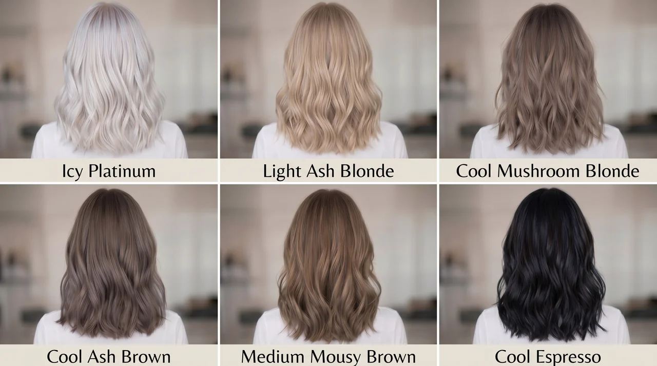 Six cool-toned hair color swatches: icy platinum, cool ash brown, and more, showcasing cool summer color palette hair color