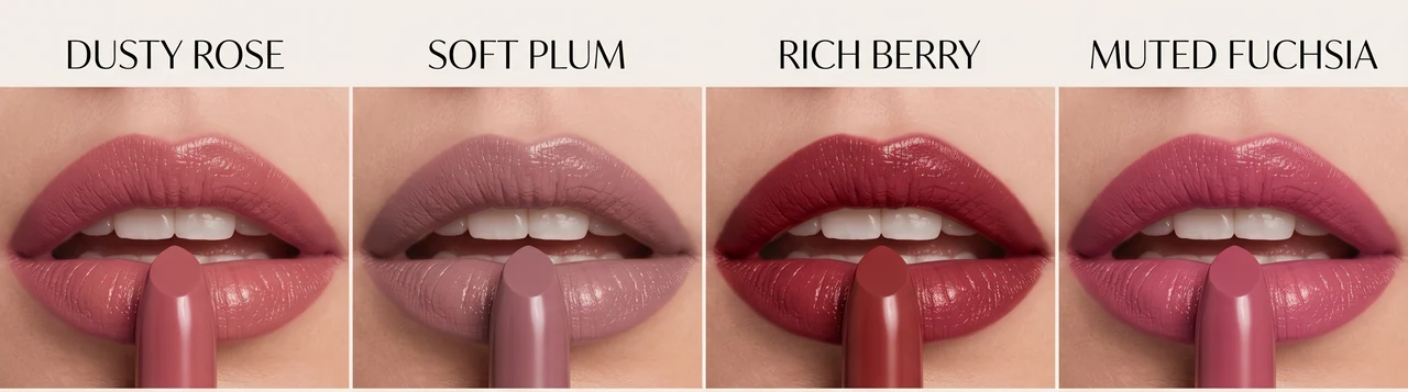 Four cool-toned lipstick swatches: dusty rose, soft plum, rich berry, and muted fuchsia, ideal for cool summer color palette makeup