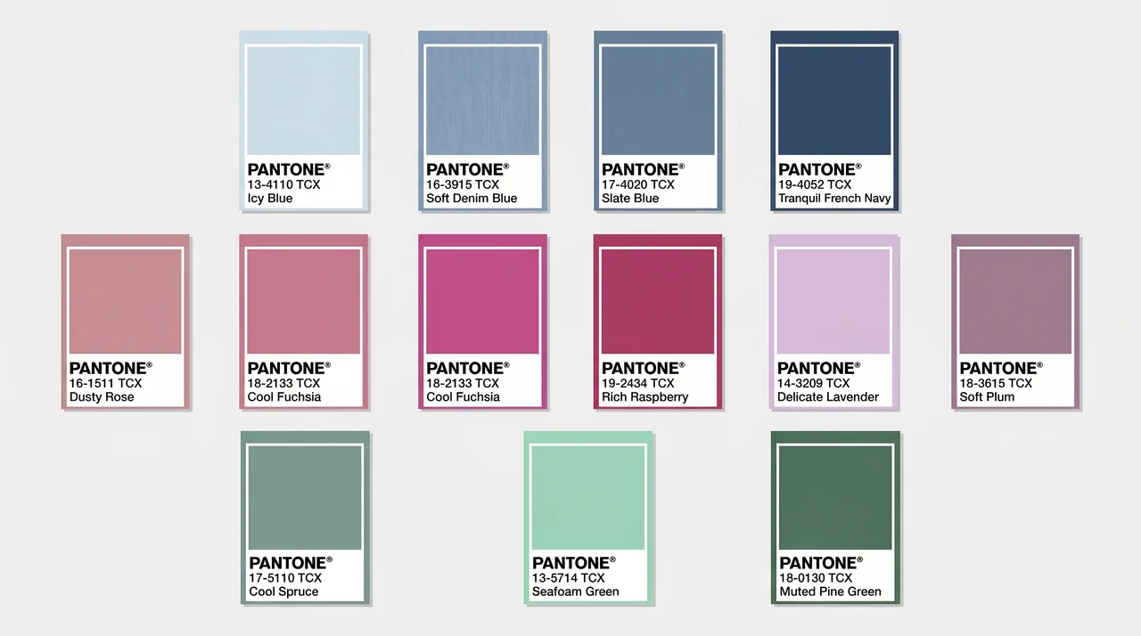 Pantone swatch chart displaying the cool summer color palette power colors: cool blues, elegant pinks, purples, and muted greens