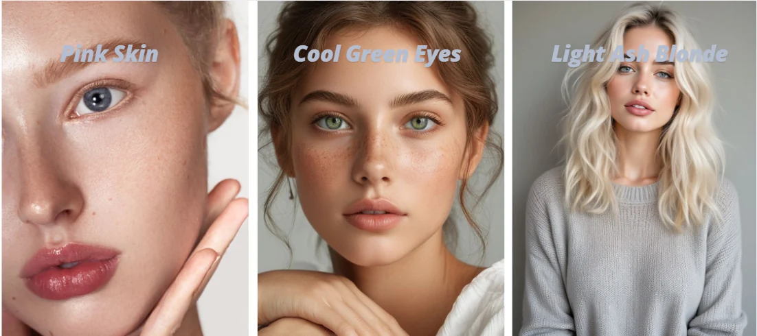Three-panel reference showing cool summer color palette light ash blonde hair, cool green eyes, and cool undertone pink skin examples