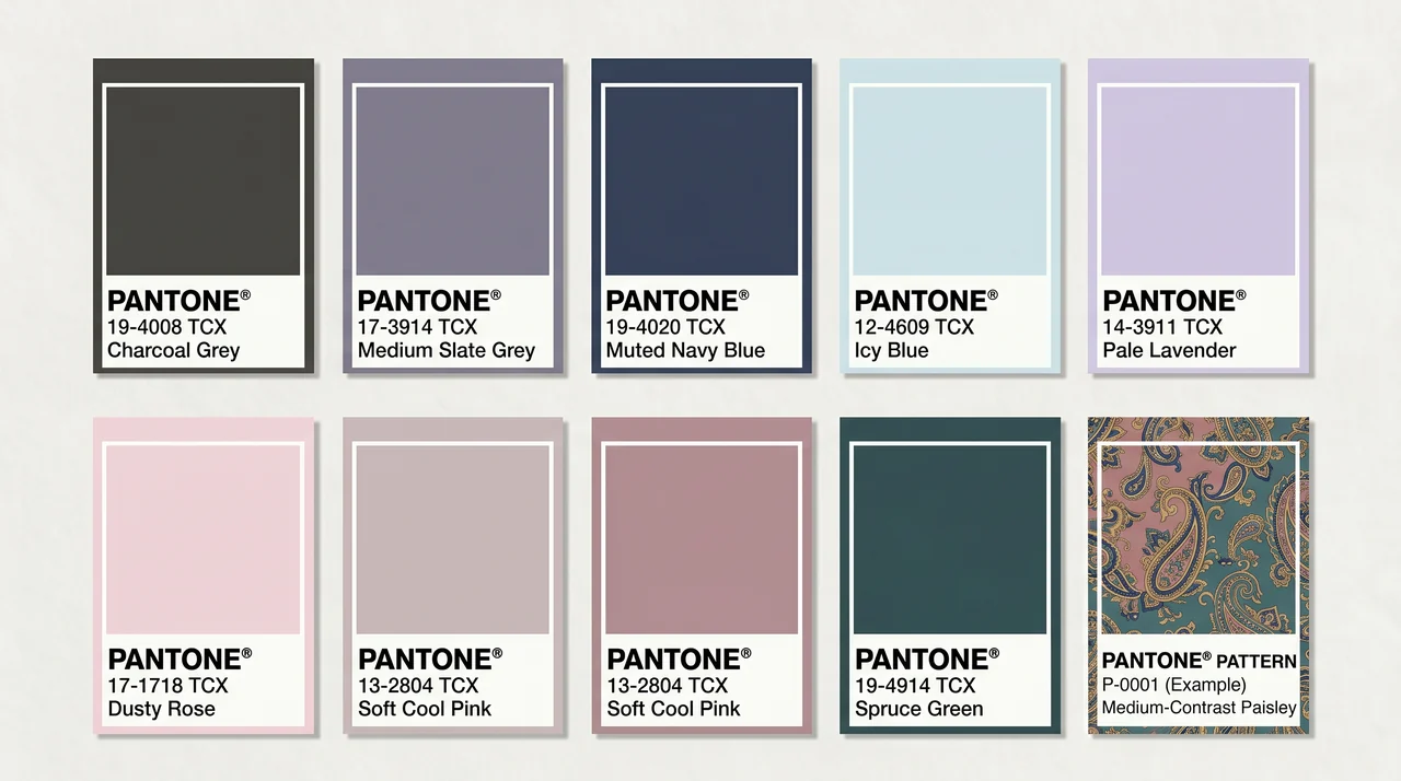 Pantone swatch collection for cool summer color palette men, featuring power suit neutrals, dress shirt hues, and casual wear tones