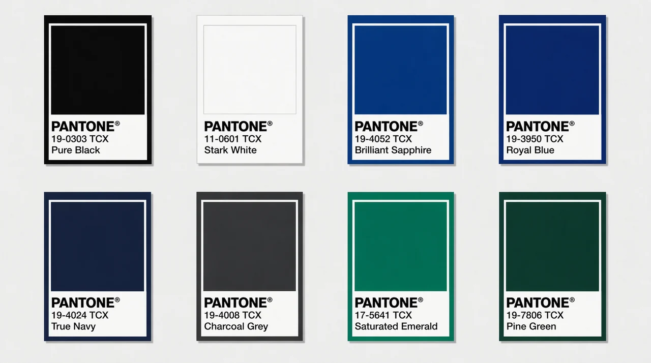 A collection of optimal Pantone swatches highlighting the ideal cool winter color palette for clothes, featuring essential darks, vivid blues, and a striking cool winter color palette green.