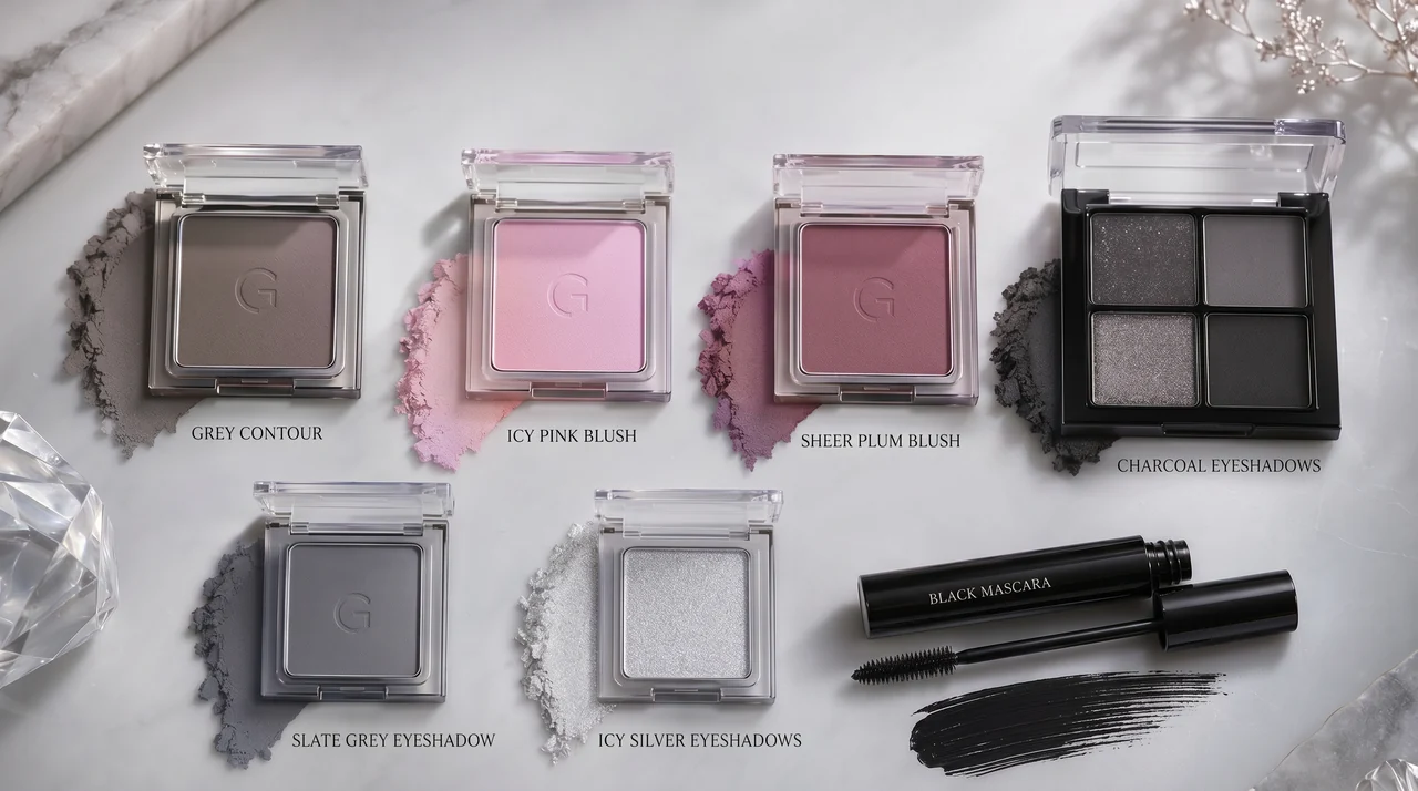 An assortment of cool-toned makeup essentials, including grey contour, icy pink blush, and so on, designed to perfectly enhance the natural high contrast of a cool winter color palette.