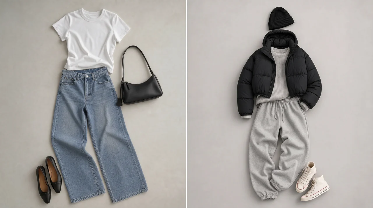Put-together casual styles featuring dark indigo denim and a silver-grey sweatsuit form a versatile and pristine everyday cool winter color palette.