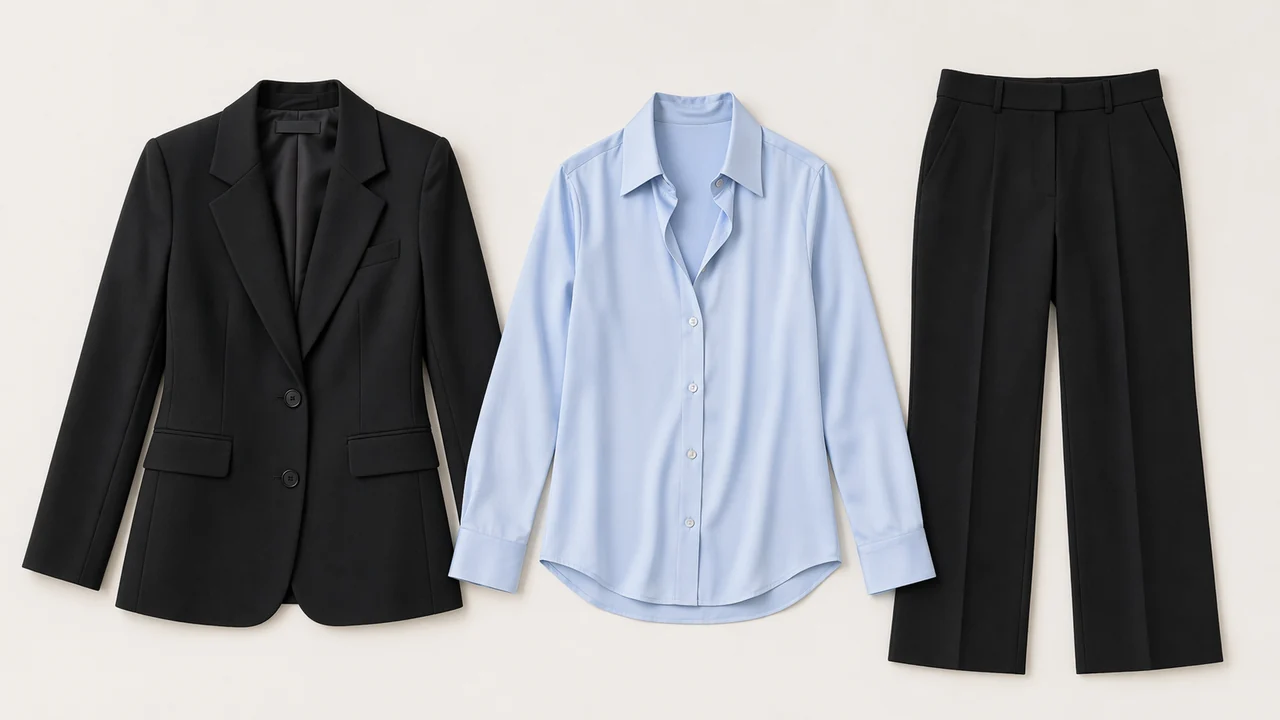 A sharply tailored black blazer and icy blue shirt combination that perfectly exemplifies modern, expensive-looking cool winter color palette fashion.