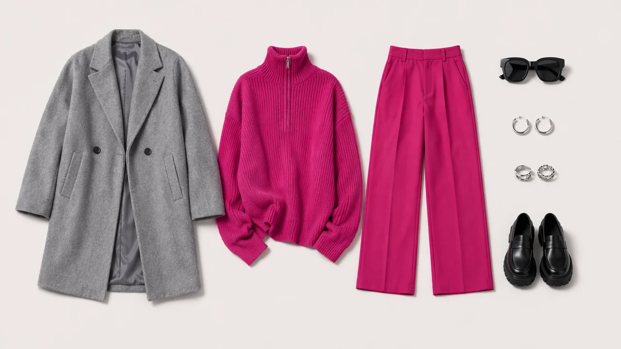 A charcoal coat paired with a vivid fuchsia outfit showcases a deeply sophisticated way to wear bold cool winter color palette clothes.
