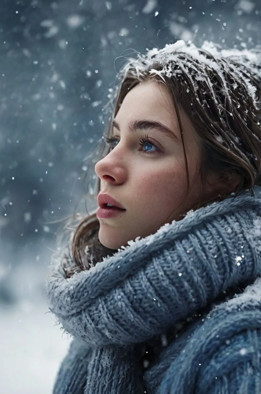 A woman in a frosty blue knit scarf amidst falling snow perfectly embodies the cool winter color palette, highlighting classic cool winter color palette fashion.