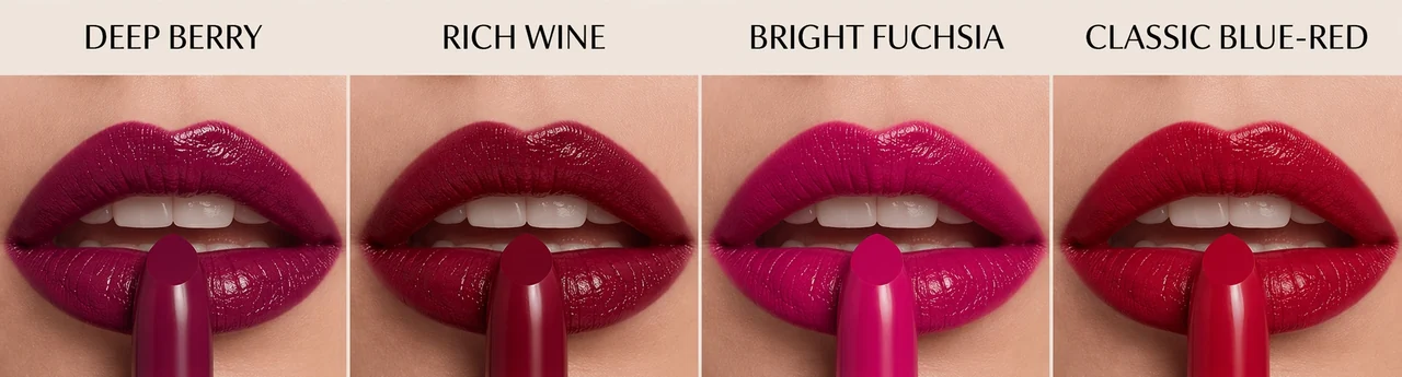 A display of four ideal blue-based shades, from deep berry to classic blue-red, representing the perfect cool winter color palette lipstick to harmonize with a cool winter color palette skin tone.