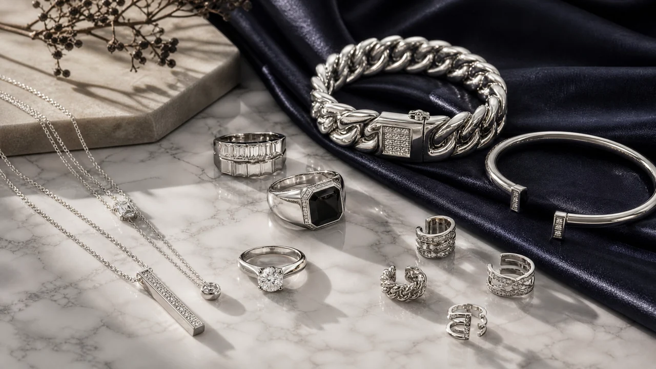 A luxurious collection of sleek silver and platinum accessories that beautifully illustrate essential cool winter color palette jewelry to elevate your overall cool winter color palette fashion.