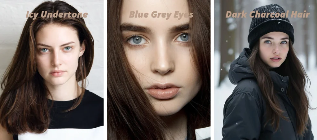 A collage displaying characteristic icy undertones, blue-grey eyes, and dark charcoal hair that perfectly define a cool winter color palette skin tone and the overall cool winter color palette.