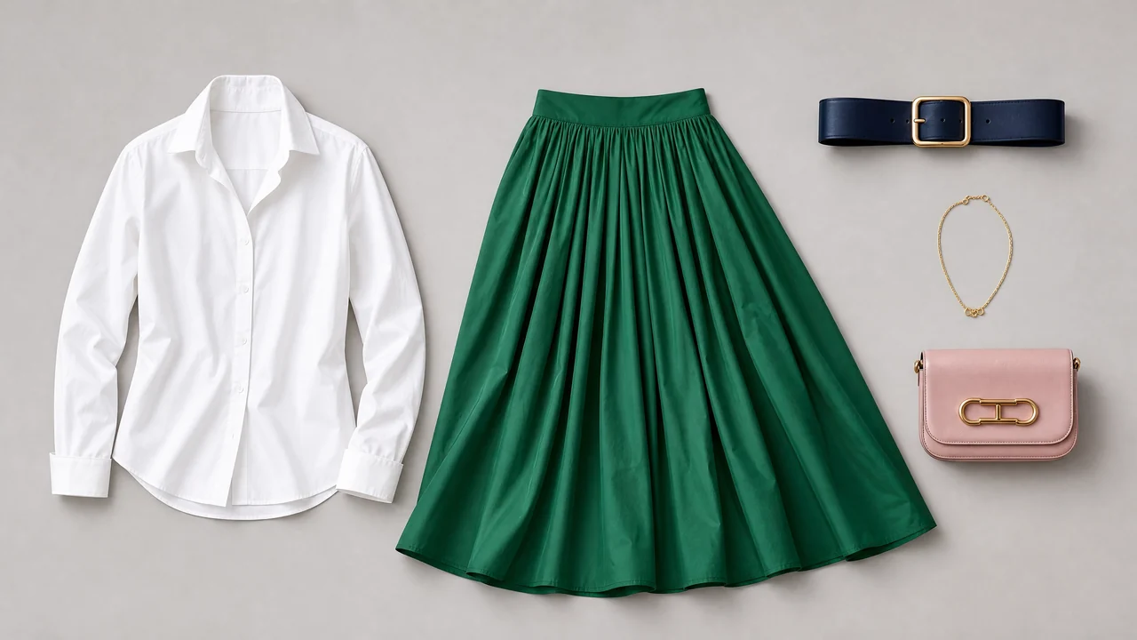 A crisp white shirt and rich emerald skirt provide a striking contrast, highlighting a gorgeous cool winter color palette green.